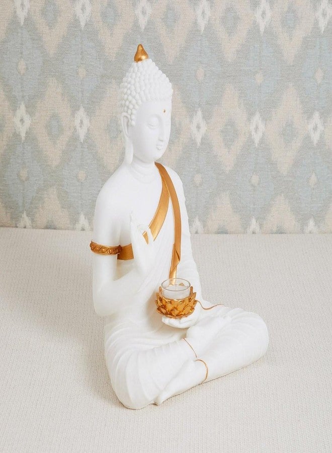 Karigaari India New Sitting Buddha Big Size Statue Showpiece Idol Home Decor Items For Living Room And Gifts With T-Light (White-Marble Finish), 16.4 cm , 11.2 cm - Image 2